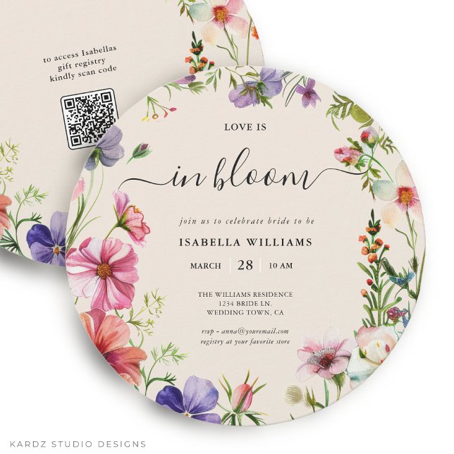 Invitation Amour en Fleur Fête de Mariage Printanière (Bridal Shower Invitation is shown in round size 5.25 inches. Other sizes and digital available.)