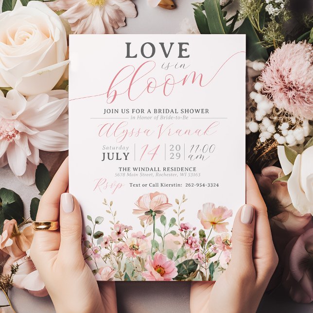 Invitation Amour En Fleur Fleur sauvage Rose Fête des mariées (Love is in boom elegant cute pink floral wildflower bridal shower invitation, blush, green, blooming)