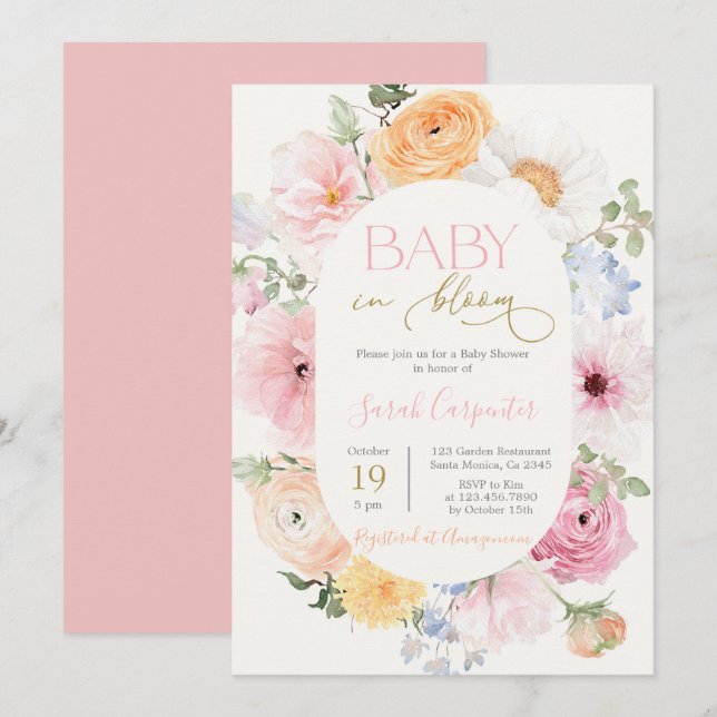 Invitation Amour en Fleur Printemps Fleur Baby shower Fille (Devant / Derrière)