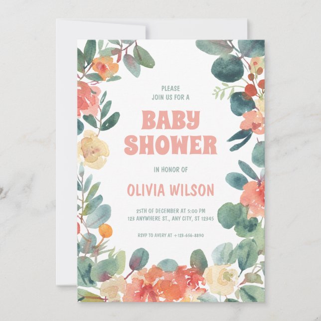 Invitation Amour en fleurs : Baby shower vert et corail (Devant)