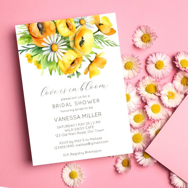Invitation Amour en fleurs printemps fleur nuptiale douche (Love in bloom spring summer flower bridal shower template invitation digital download yellow daisies)