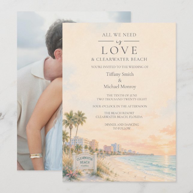 Invitation Amour et Clearwater Beach Floride Photo Mariage  (Devant / Derrière)