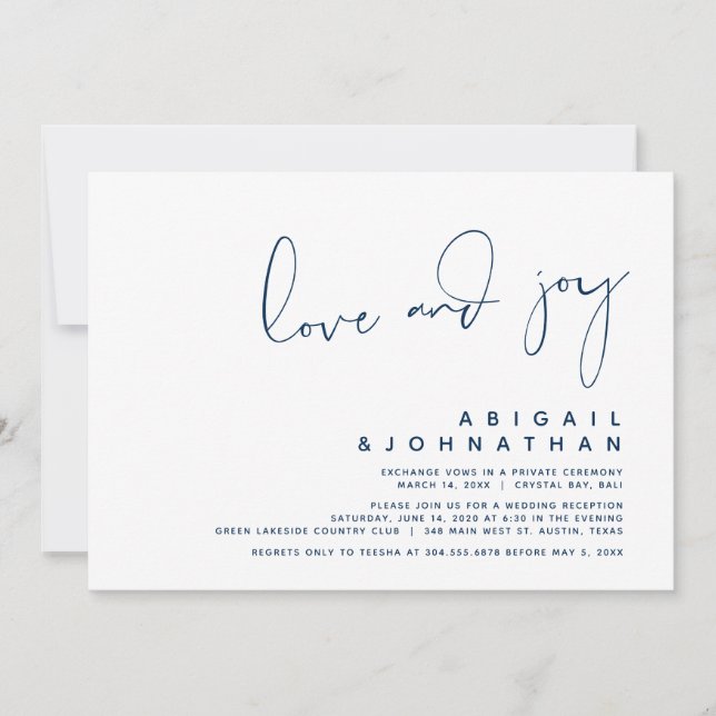 Invitation Amour et Joie, Mariage Moderne, Bleu Nuit (Devant)