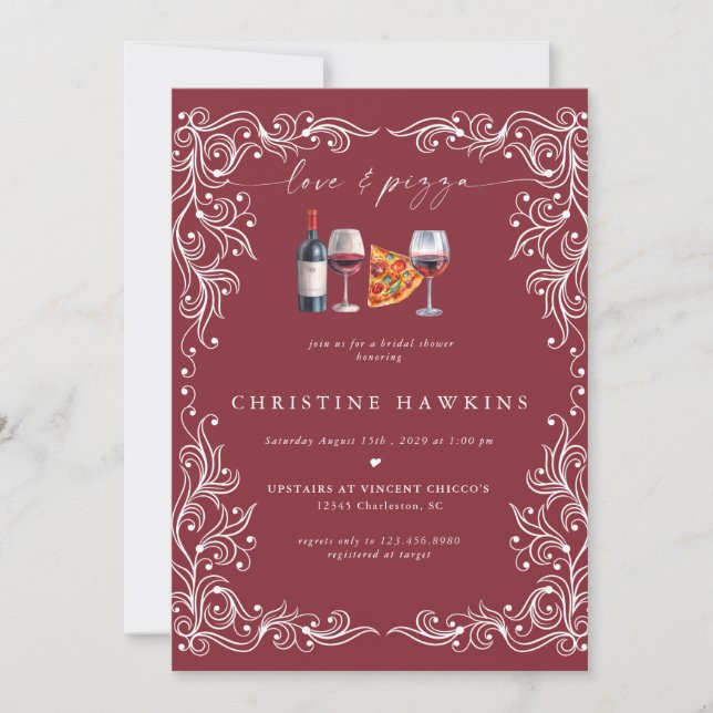 Invitation Amour et pizza | Fête des mariées à vin (Devant)