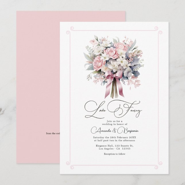 Invitation Amour Fantaisiste Code QR de Mariage Floral Pastel (Devant / Derrière)