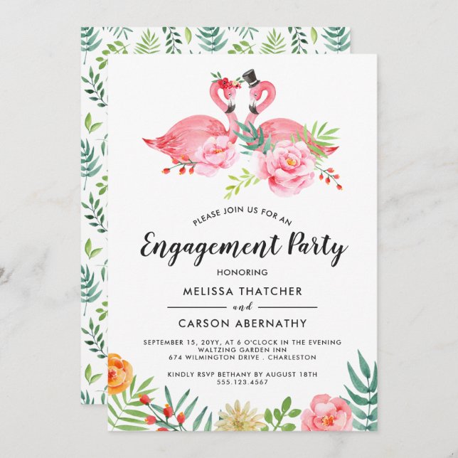 Invitation Amour Flamant rose| Watercolor Floral Engagement P (Devant / Derrière)
