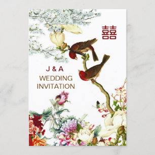 Invitation Amour Flourissant Oiseaux & Fleurs Mariage chinois