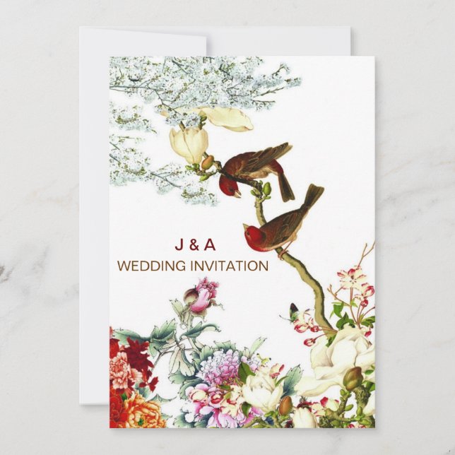 Invitation Amour Flourissant Oiseaux & Fleurs Mariage Invite  (Devant)