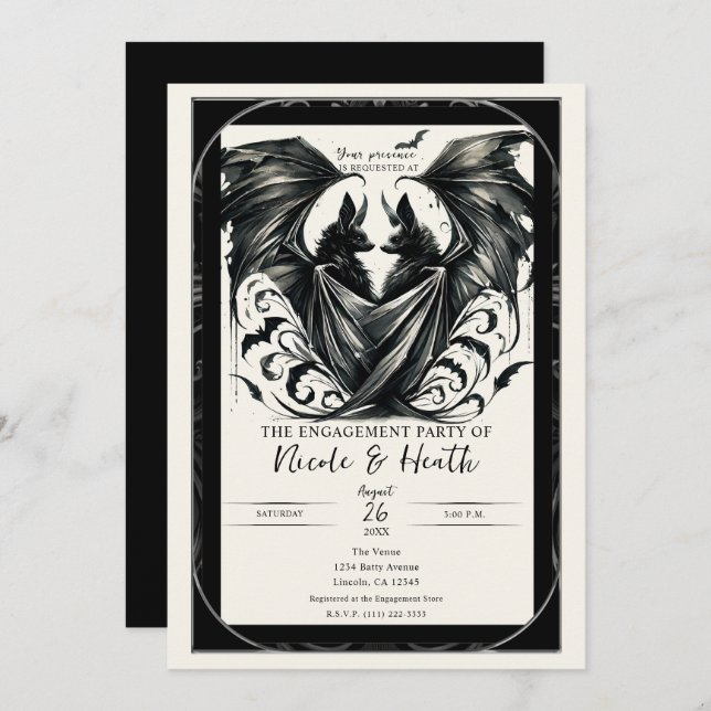 Invitation Amour Gothique Argent Crème Noire Bats Engagement (Devant / Derrière)