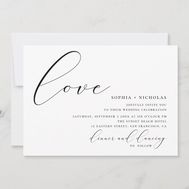 Invitation Amour. Mariage élégant calligraphie noir et blanc (Devant)
