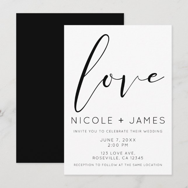 Invitation Amour Noir & Blanc Mariage minimal moderne (Devant / Derrière)