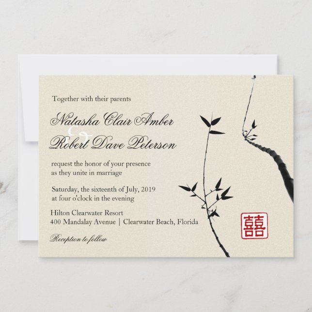 Invitation Amour oriental en bambou / Mariage asiatique chino (Devant)