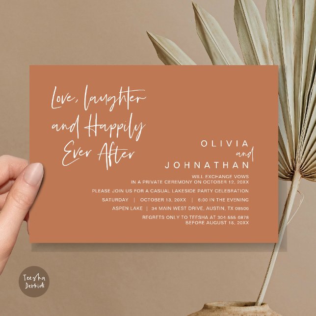 Invitation Amour, rire et Happy toujours après, Elopement I (Love, Laughter and Happily Ever After, Wedding Elopement Dinner Invitation Card, in Copper Brown)