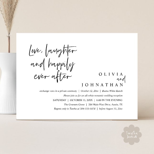 Invitation Amour, Rire Et Heureux Jamais Après La Réception (Love, Laughter And Happily Ever After Reception Modern Minimalist Invitation Card PDF Black White)