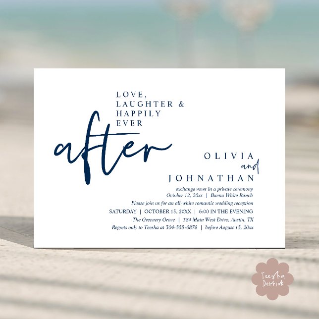 Invitation Amour, Rire Et Heureux Jamais Après La Réception (Love, Laughter And Happily Ever After Reception Modern Minimalist Invitation Card PDF Navy Blue)