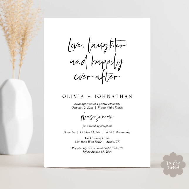 Invitation Amour, Rire Et Heureux Jamais Après La Réception (Love, Laughter And Happily Ever After Reception Modern Minimalist Invitation Card PDF Black White)