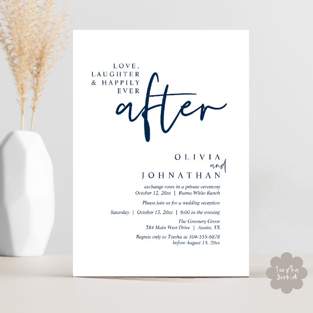 Invitation Amour, Rire Et Heureux Jamais Après La Réception (Love, Laughter And Happily Ever After Reception Modern Minimalist Invitation Card PDF Navy Blue)