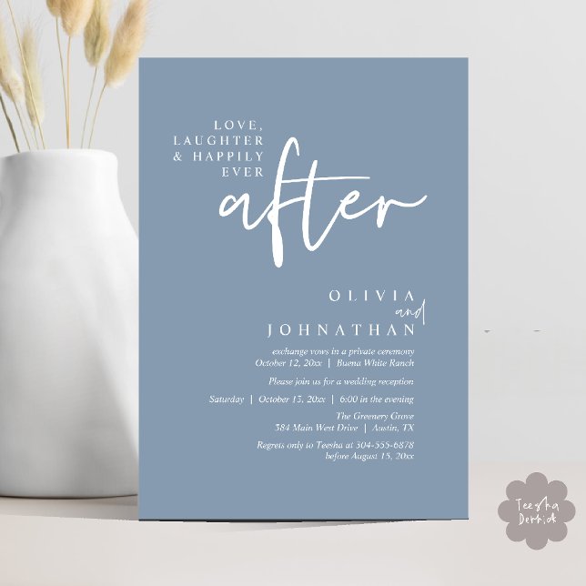Invitation Amour, Rire Et Heureux Jamais Après La Réception (Love, Laughter And Happily Ever After Reception Modern Minimalist Invitation Card PDF Dusty Blue)