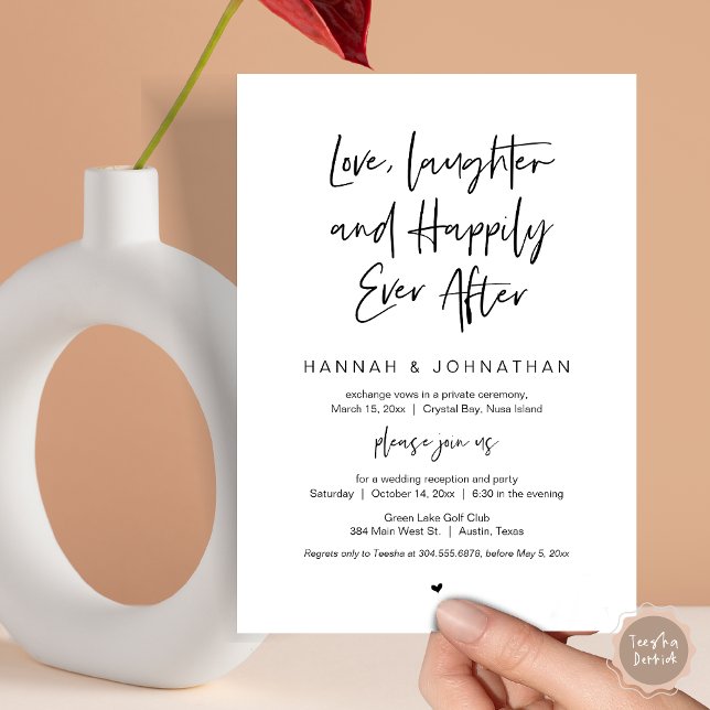 Invitation Amour, Rire, Noir, Mariage Fuite Parti (Love Laughter Happily Ever After Wedding Elopement Dinner Party Invitation Card, PDF, White Black)