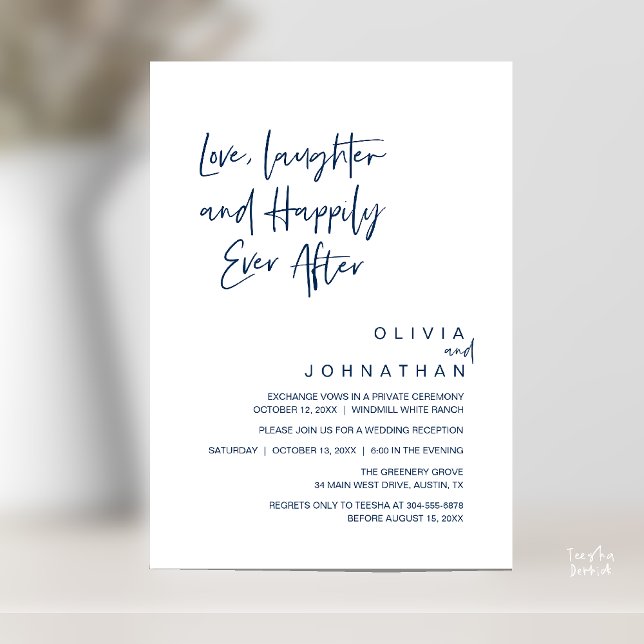 Invitation Amour, Rires et Pour Toujours, Moderne (Love, Laughter and Happily Ever After, Modern Boho Wedding Invites Card PDF Navy Blue)