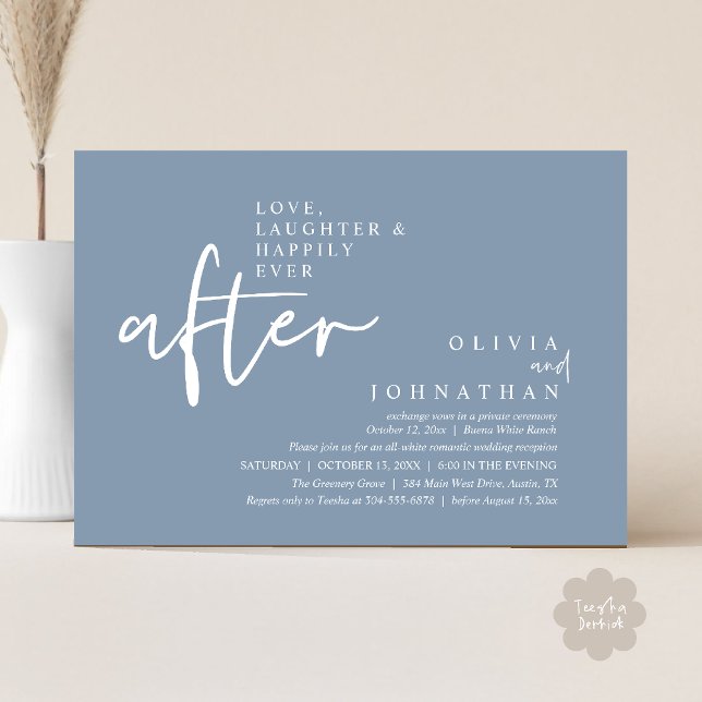 Invitation Amour, Rires Et Réception De Mariage Heureux À Tou (Love, Laughter And Happily Ever After Reception Modern Minimalist Invitation Card PDF Dusty Blue)