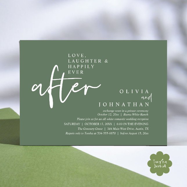 Invitation Amour, Rires Et Réception De Mariage Heureux À Tou (Love, Laughter And Happily Ever After Reception Modern Minimalist Invitation Card PDF Sage Green)