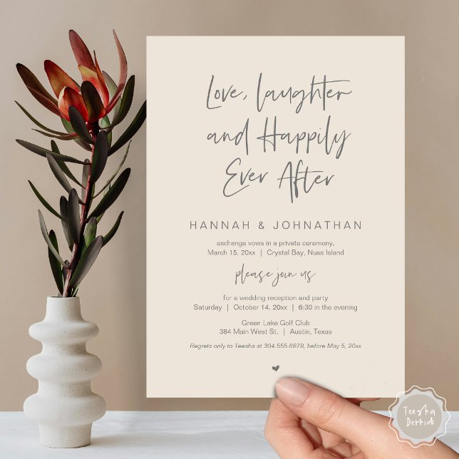 Invitation Amour, Rires, Noir, Mariage Elopement Party (Love Laughter Happily Ever After Wedding Elopement Dinner Party Invitation Card, PDF, Cream Grey)