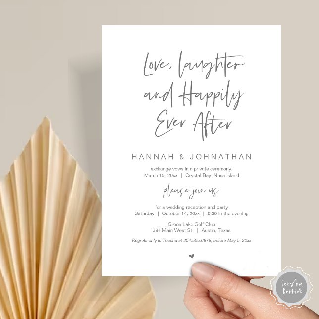Invitation Amour, Rires, Noir, Mariage Elopement Party (Love Laughter Happily Ever After Wedding Elopement Dinner Party Invitation Card, PDF, Dark Grey)