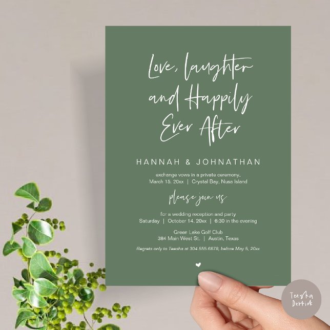 Invitation Amour, Rires, Noir, Mariage Elopement Party (Love Laughter Happily Ever After Wedding Elopement Dinner Party Invitation Card, PDF, Sage Green)