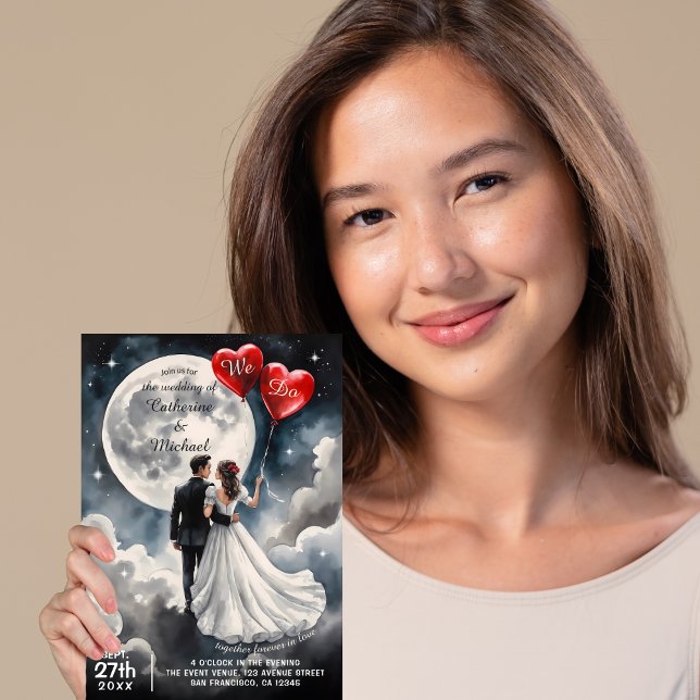 Invitation Amour romantique sur Cloud Neuf Mariage Fairytale (Front view bride groom sweethearts on cloud nine with red hearts – On Cloud Nine Wedding Invitation)