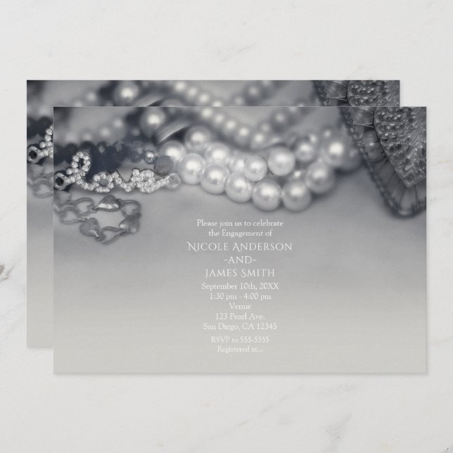 Invitation Amour Vintage Glam Black & White Pearls Mariage (Devant / Derrière)