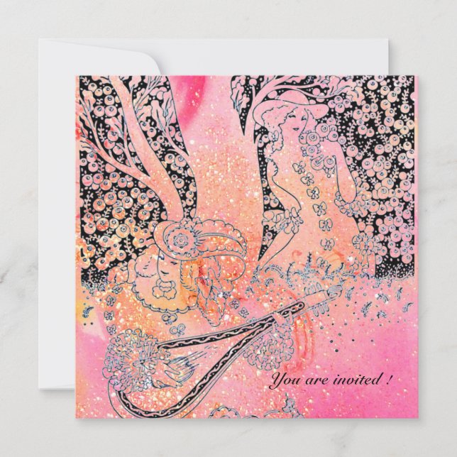 INVITATION AMOUREUX ROMANTIQUES, ROMANCE EN PINK À PAILLONS D (Devant)