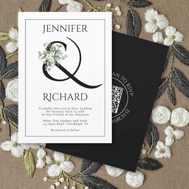 Invitation Ampersand avec branche d'eucalyptus et mariage QR (Créateur téléchargé)