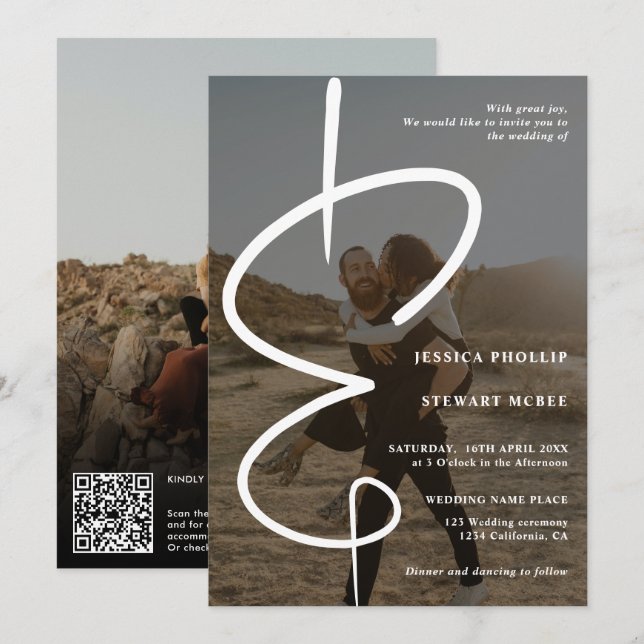 Invitation Ampersand chic photo calligraphie Qr code mariage (Devant / Derrière)
