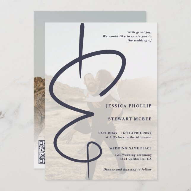Invitation Ampersand chic photo marine bleu Qr code mariage (Devant / Derrière)