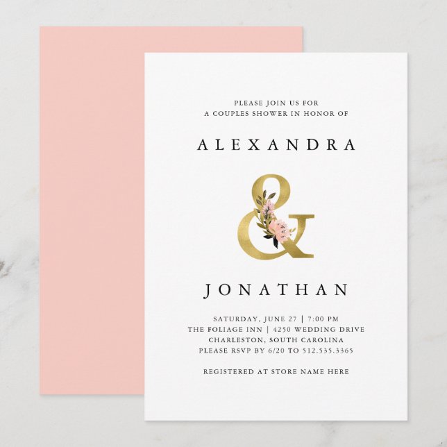 Invitation Ampersand élégant | Douche Couples Gold et Blush (Devant / Derrière)