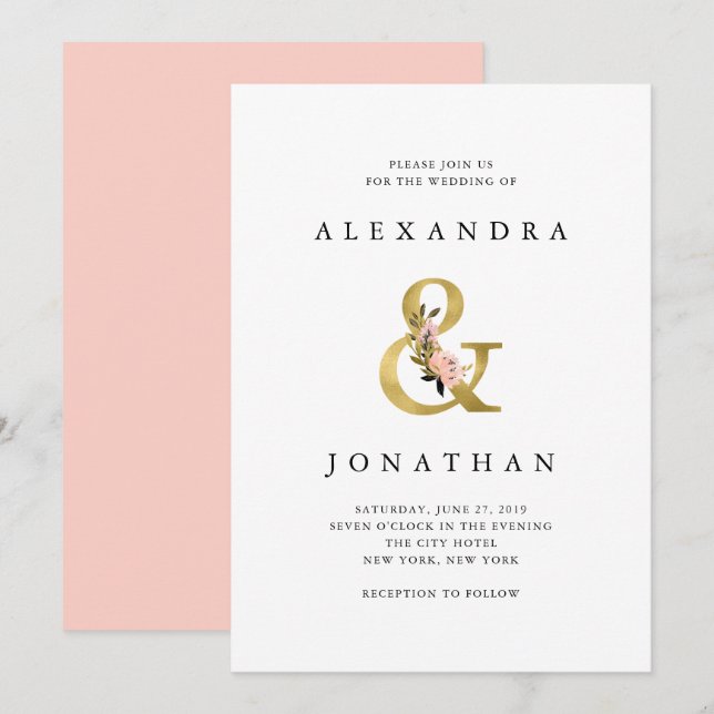 Invitation Ampersand élégant | Mariage Gold et Blush (Devant / Derrière)