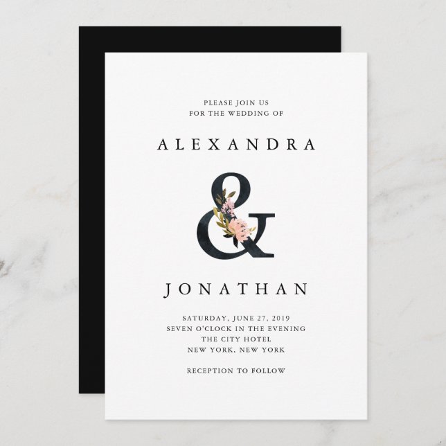 Invitation Ampersand élégant | Mariage noir et blanc (Devant / Derrière)