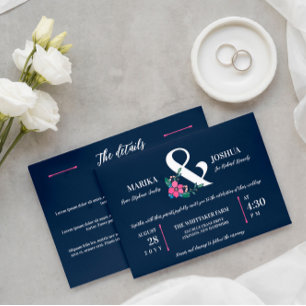 Invitation Ampersand floral bleu rose marine 2 en 1 Mariage