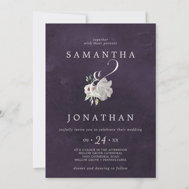 Invitation Ampersand Floral Romance | Mariage de prune (Devant)