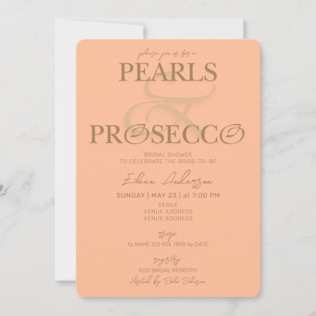 Invitation Ampersand Peach Fuzz Pearls Prosecco Fête des mari (Devant)
