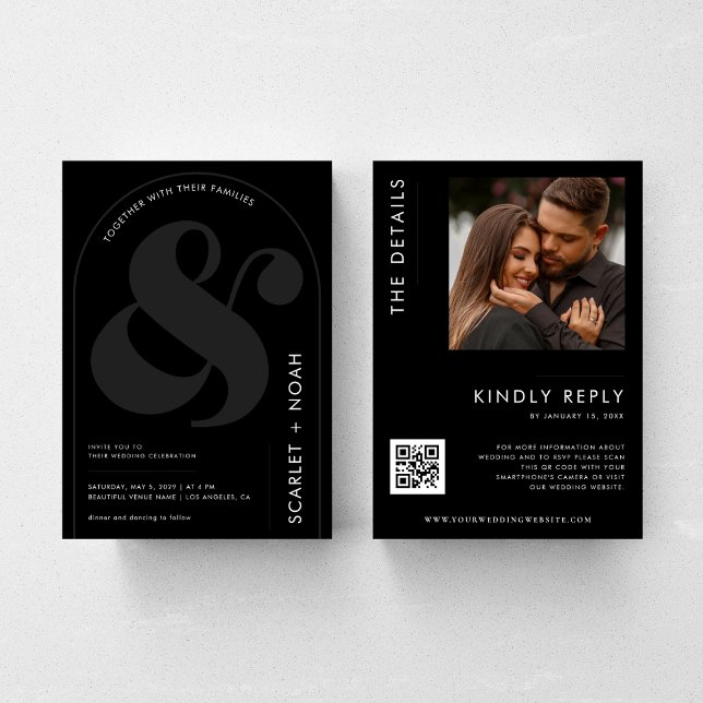 Invitation Ampersand & Photo QR Code Tout en un Mariage noir (Créateur téléchargé)