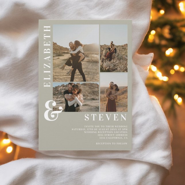 Invitation Ampersand vert sauge moderne 5 mariage de grille p (Modern sage green ampersand 5 photo grid wedding invitation)