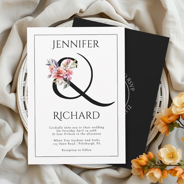 Invitation Ampersand with rhododendron branch and QR wedding (Créateur téléchargé)