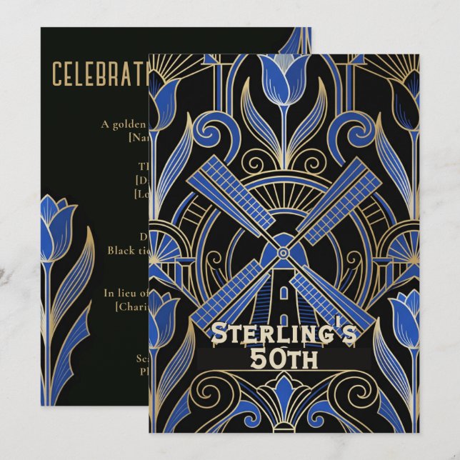 Invitation Amsterdam Art Déco | 50e anniversaire des moulins (Devant / Derrière)