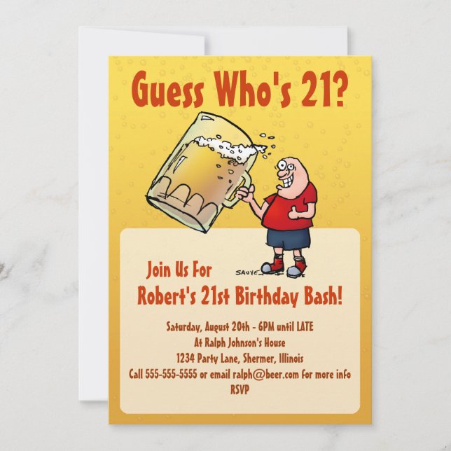 Invitation Amusant 21e anniversaire avec une grande bière (Devant)