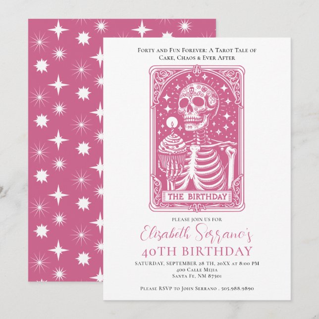 Invitation Amusant 40e anniversaire Gothique Tarot Pink Party (Devant / Derrière)