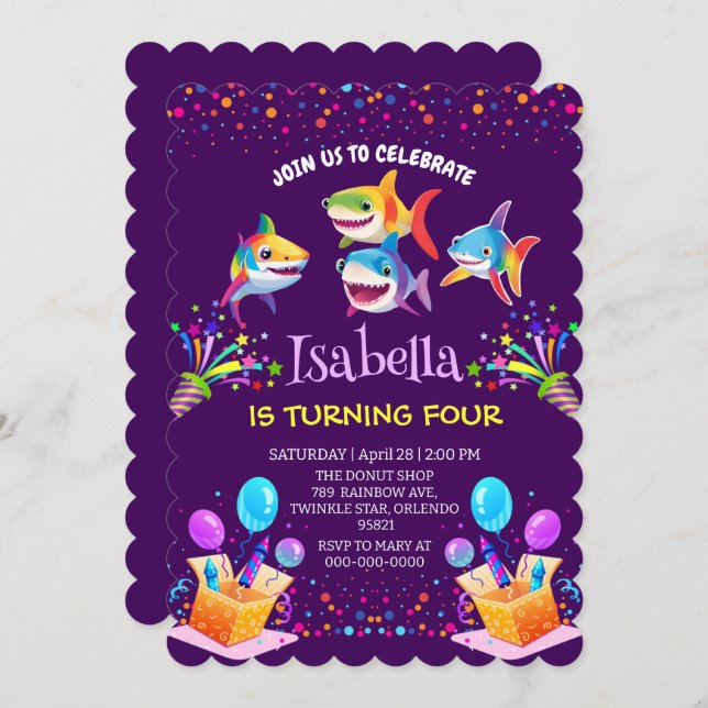 Invitation Amusant ballon de requin arc-en-ciel fête d'annive (Devant / Derrière)
