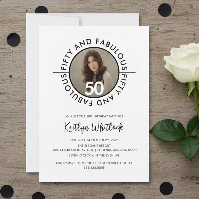 Invitation Amusant Bold Minimal Cinquante ans et Fantastique  (modern fifty and fabulous 50th birthday party invitation with bold typography and elegant script)