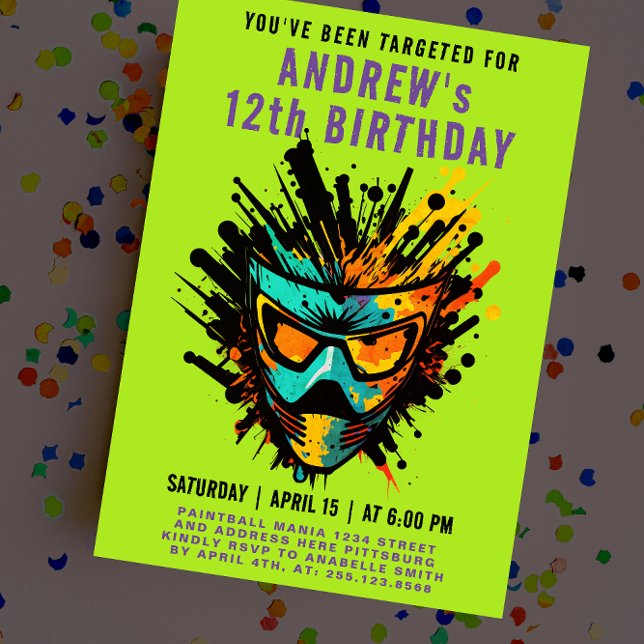 Invitation Amusant Colorful Paintball Splatz Green Party (Créateur téléchargé)